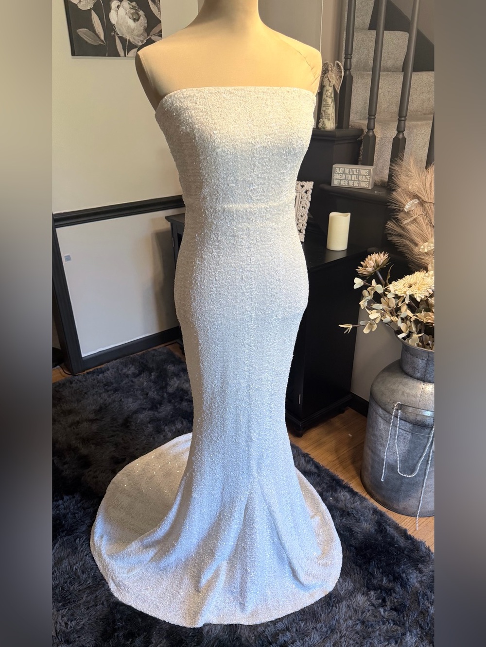 NWT Fashion Nova Strapless White Sequin Mermaid Gown SIZE XS